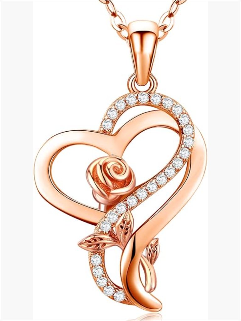 Sterling Silver Heart Rose Necklace With Cubic Zirconia